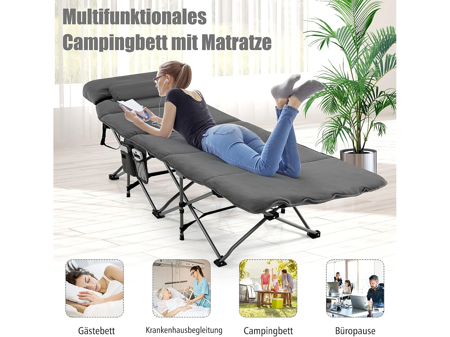 Veldbed, inklapbaar, campingbed met matras, draagbare campingstoel, belastbaar tot 200 kg, incl. draagtas, klapbed voor camping, strand, grijs ZB32675