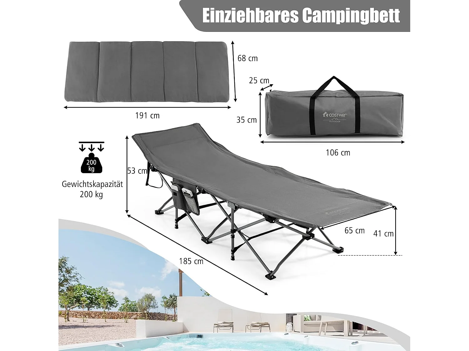 Veldbed, inklapbaar, campingbed met matras, draagbare campingstoel, belastbaar tot 200 kg, incl. draagtas, klapbed voor camping, strand, grijs ZB32675