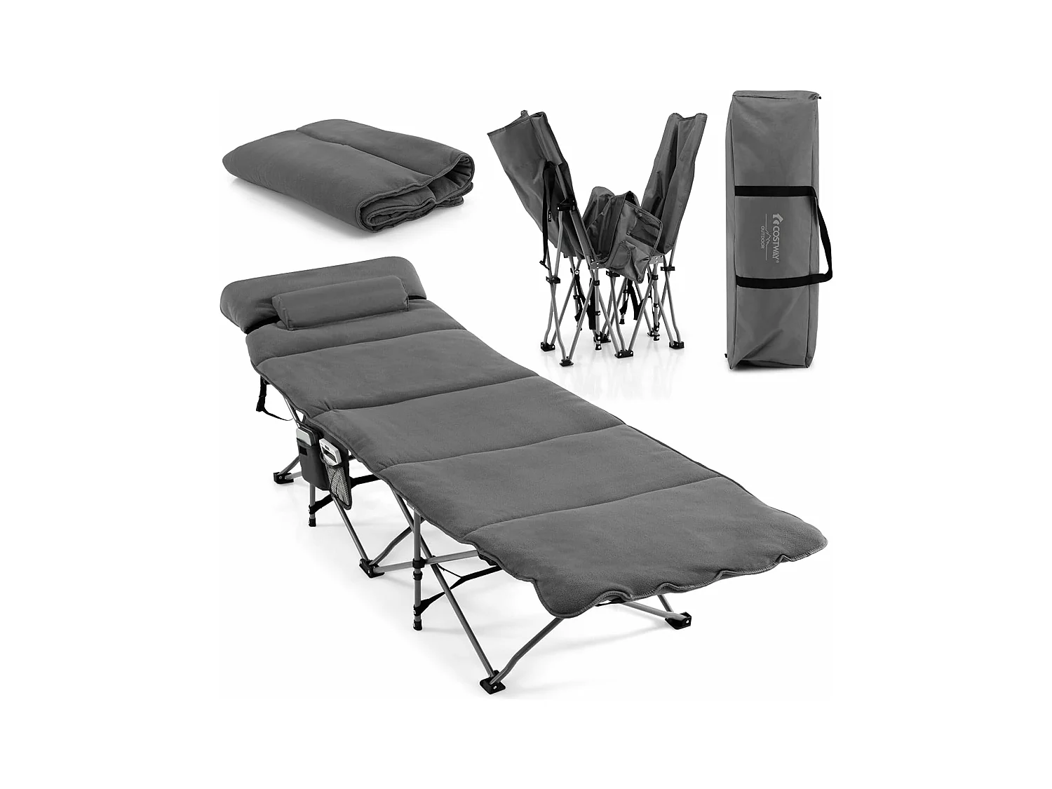 Veldbed, inklapbaar, campingbed met matras, draagbare campingstoel, belastbaar tot 200 kg, incl. draagtas, klapbed voor camping, strand, grijs ZB32675