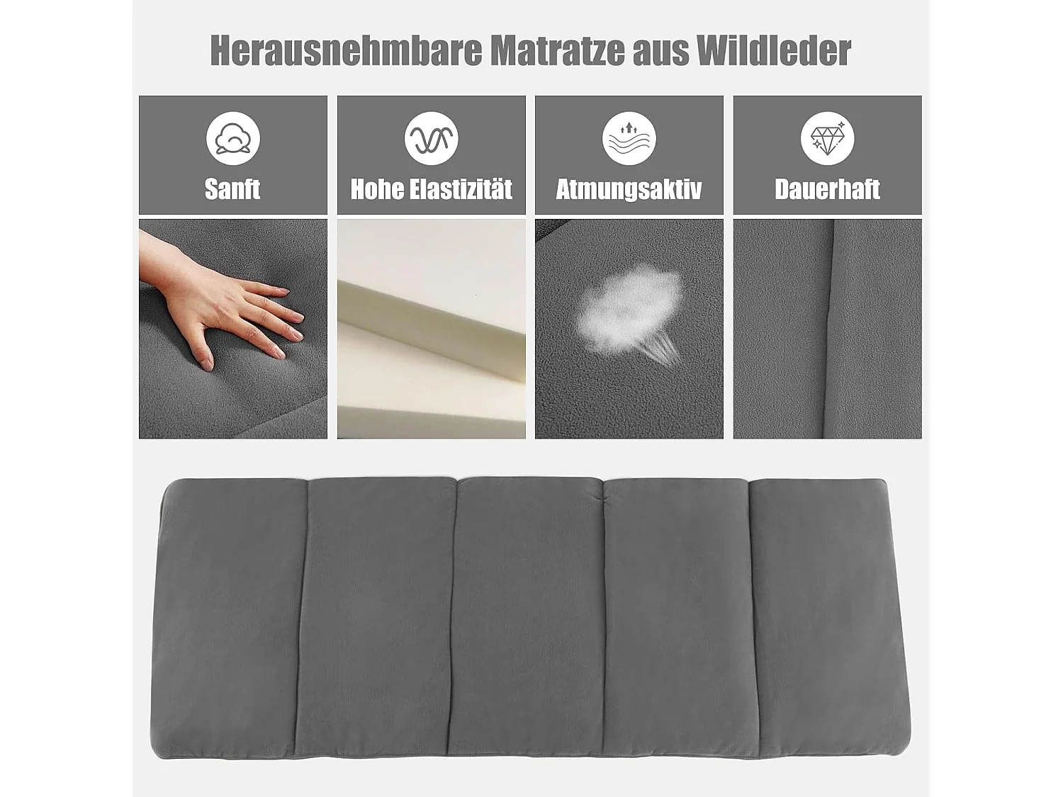 Veldbed, inklapbaar, campingbed met matras, draagbare campingstoel, belastbaar tot 200 kg, incl. draagtas, klapbed voor camping, strand, grijs ZB32675