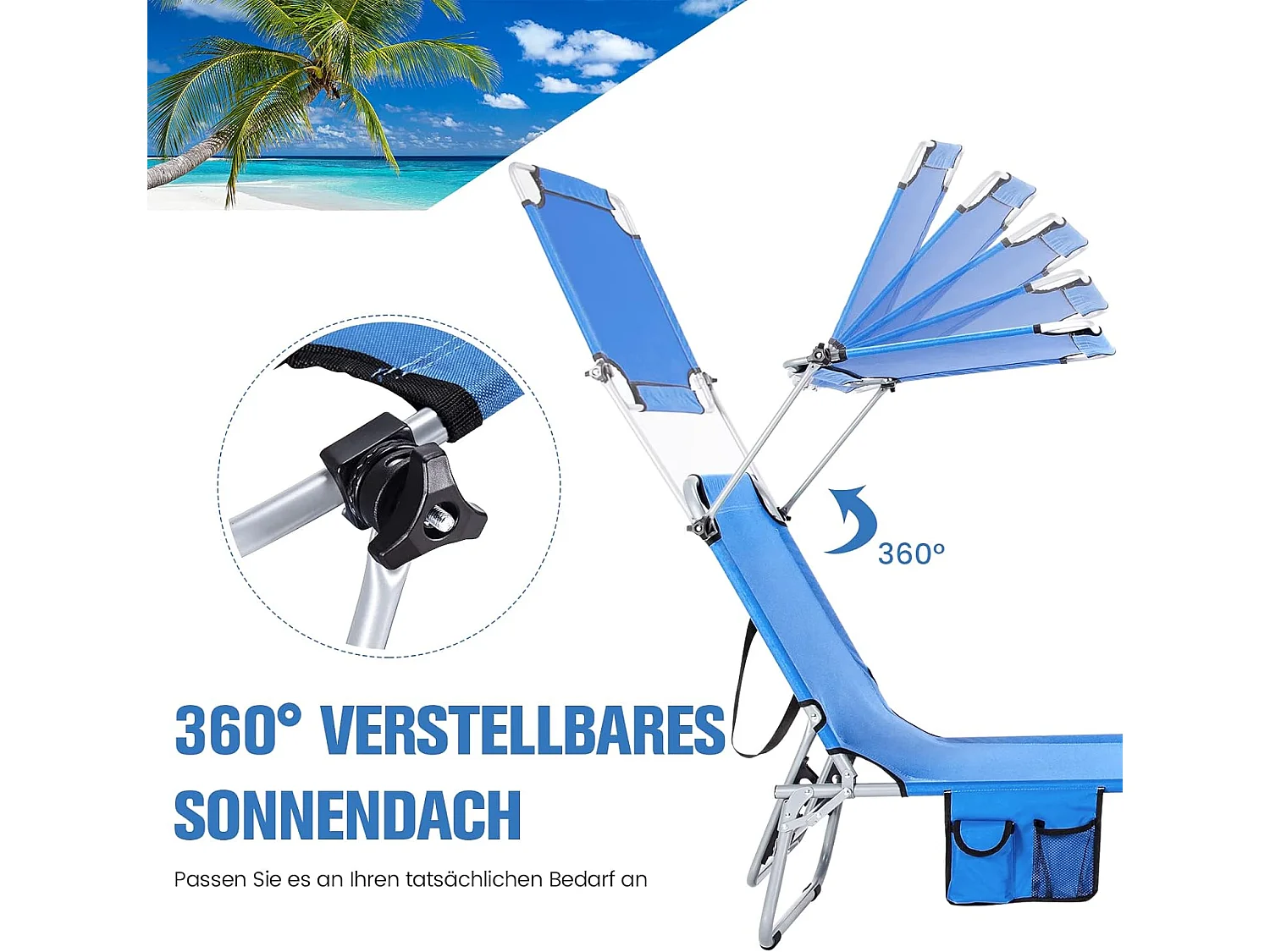 Zonneligstoel met dak en zijzak, inklapbare ligstoel met 5 verstelbare rugleuning, strandstoel, tuinligstoel voor tuin, terras, 193 x 56 x 32 cm (blauw)ZB32249