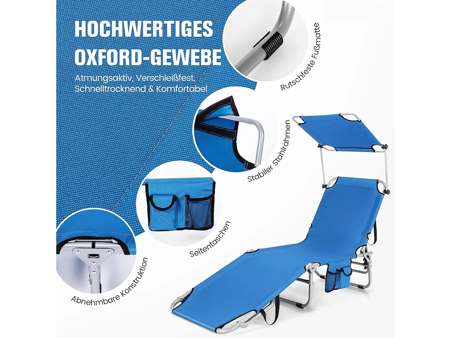 Zonneligstoel met dak en zijzak, inklapbare ligstoel met 5 verstelbare rugleuning, strandstoel, tuinligstoel voor tuin, terras, 193 x 56 x 32 cm (blauw)ZB32249