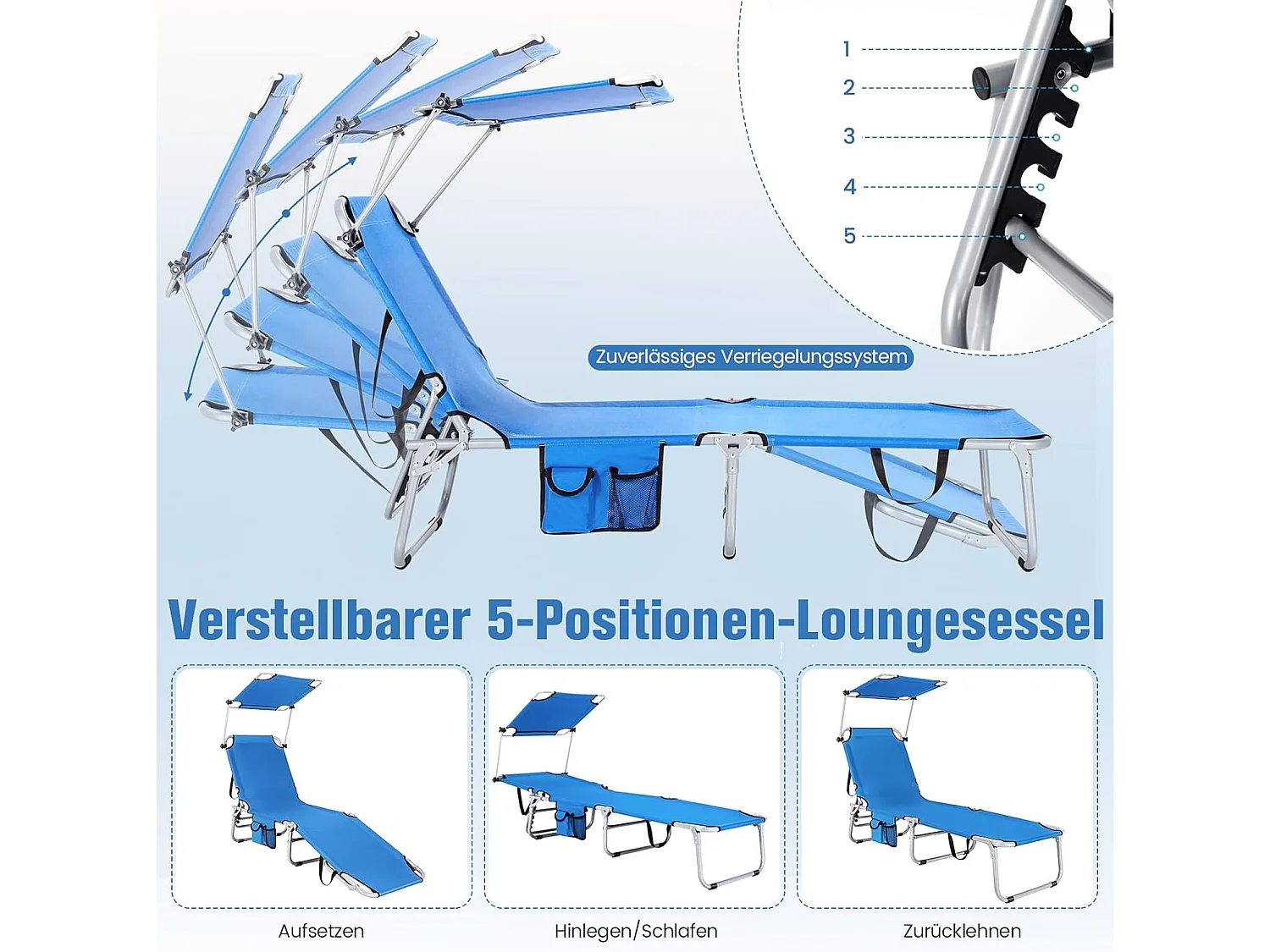 Zonneligstoel met dak en zijzak, inklapbare ligstoel met 5 verstelbare rugleuning, strandstoel, tuinligstoel voor tuin, terras, 193 x 56 x 32 cm (blauw)ZB32249