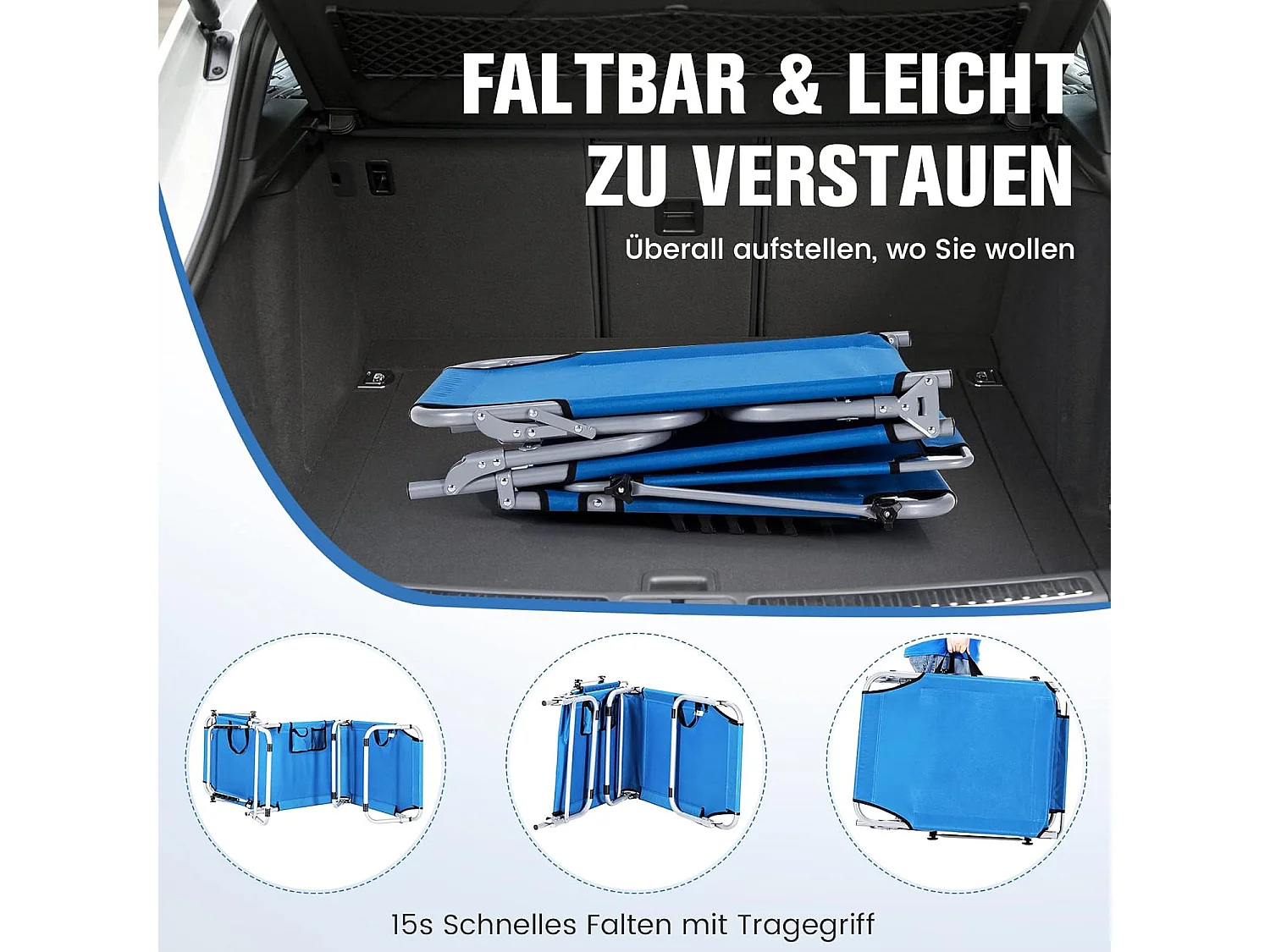 Zonneligstoel met dak en zijzak, inklapbare ligstoel met 5 verstelbare rugleuning, strandstoel, tuinligstoel voor tuin, terras, 193 x 56 x 32 cm (blauw)ZB32249