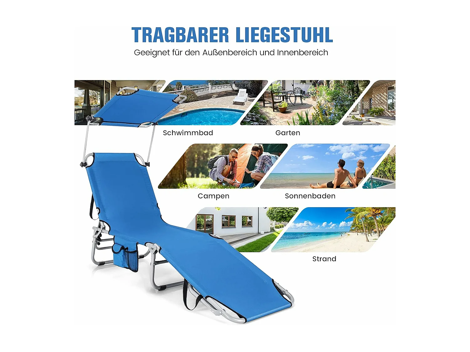 Zonneligstoel met dak en zijzak, inklapbare ligstoel met 5 verstelbare rugleuning, strandstoel, tuinligstoel voor tuin, terras, 193 x 56 x 32 cm (blauw)ZB32249