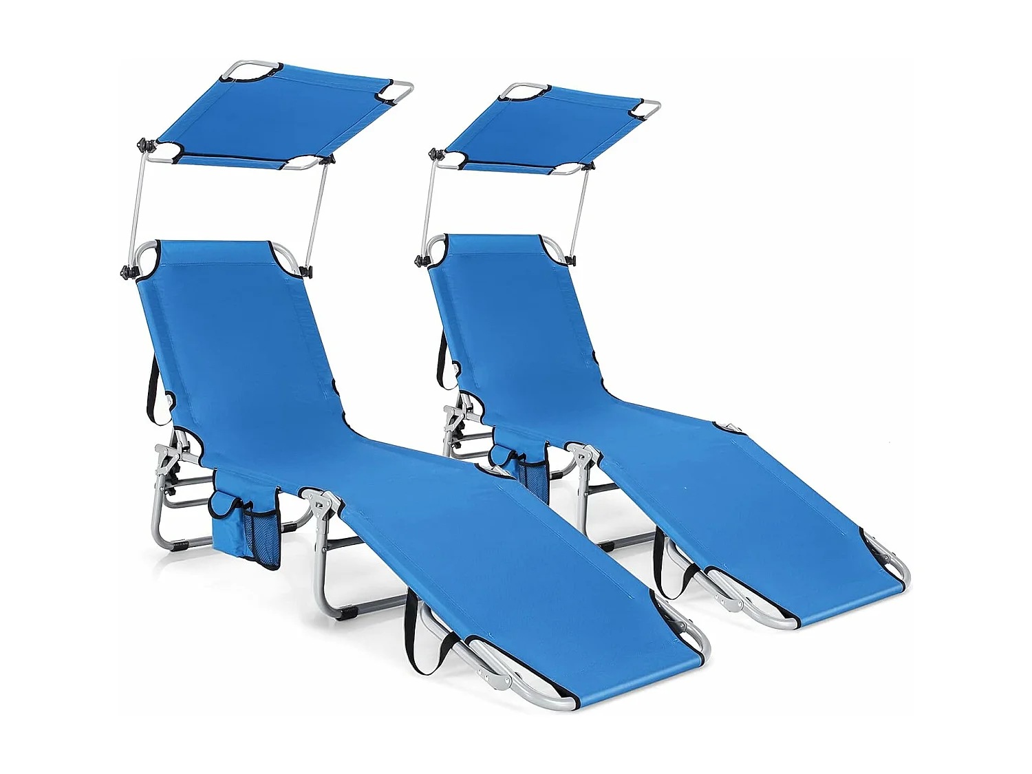 Zonneligstoel met dak en zijzak, inklapbare ligstoel met 5 verstelbare rugleuning, strandstoel, tuinligstoel voor tuin, terras, 193 x 56 x 32 cm (blauw)ZB32249