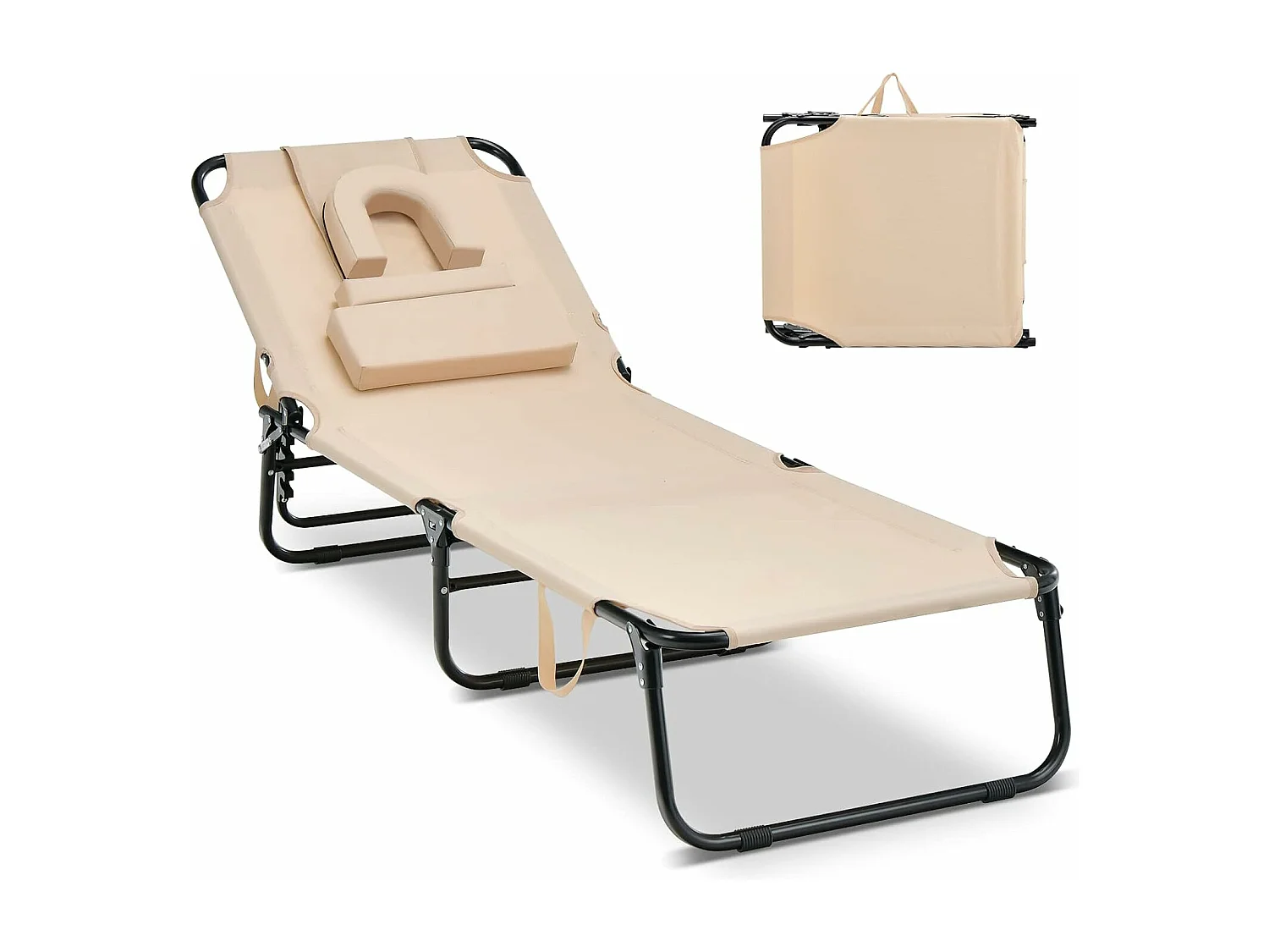 Zonneligstoel met gezichtsopening, inklapbare ligstoel  en 5-voudig verstelbare rugleuning, strandstoel, ligstoel voor tuin en zwembad, beige ZB32169