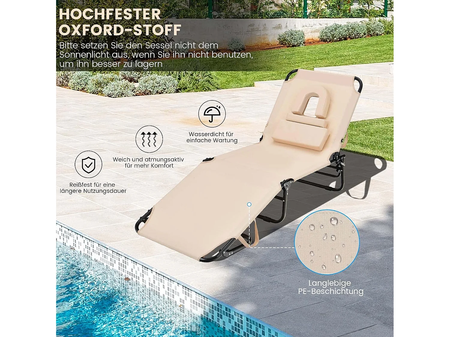 Zonneligstoel met gezichtsopening, inklapbare ligstoel  en 5-voudig verstelbare rugleuning, strandstoel, ligstoel voor tuin en zwembad, beige ZB32169