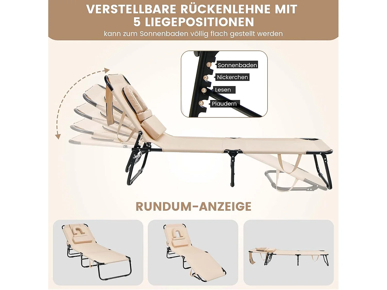 Zonneligstoel met gezichtsopening, inklapbare ligstoel  en 5-voudig verstelbare rugleuning, strandstoel, ligstoel voor tuin en zwembad, beige ZB32169
