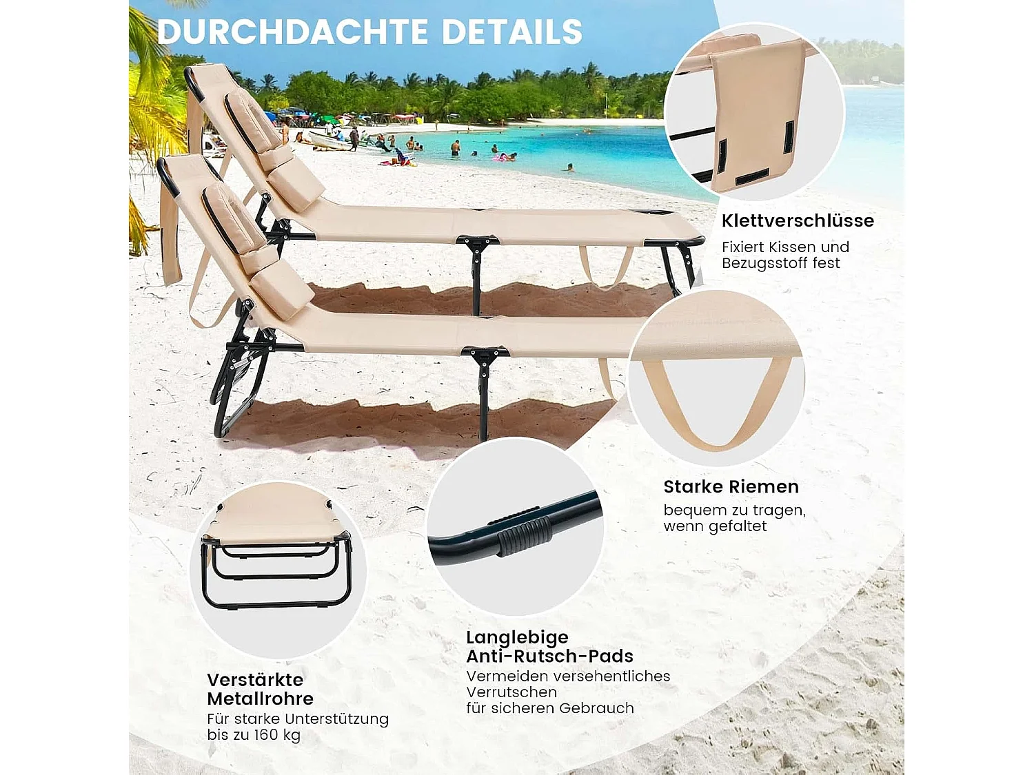 Zonneligstoel met gezichtsopening, inklapbare ligstoel  en 5-voudig verstelbare rugleuning, strandstoel, ligstoel voor tuin en zwembad, beige ZB32169