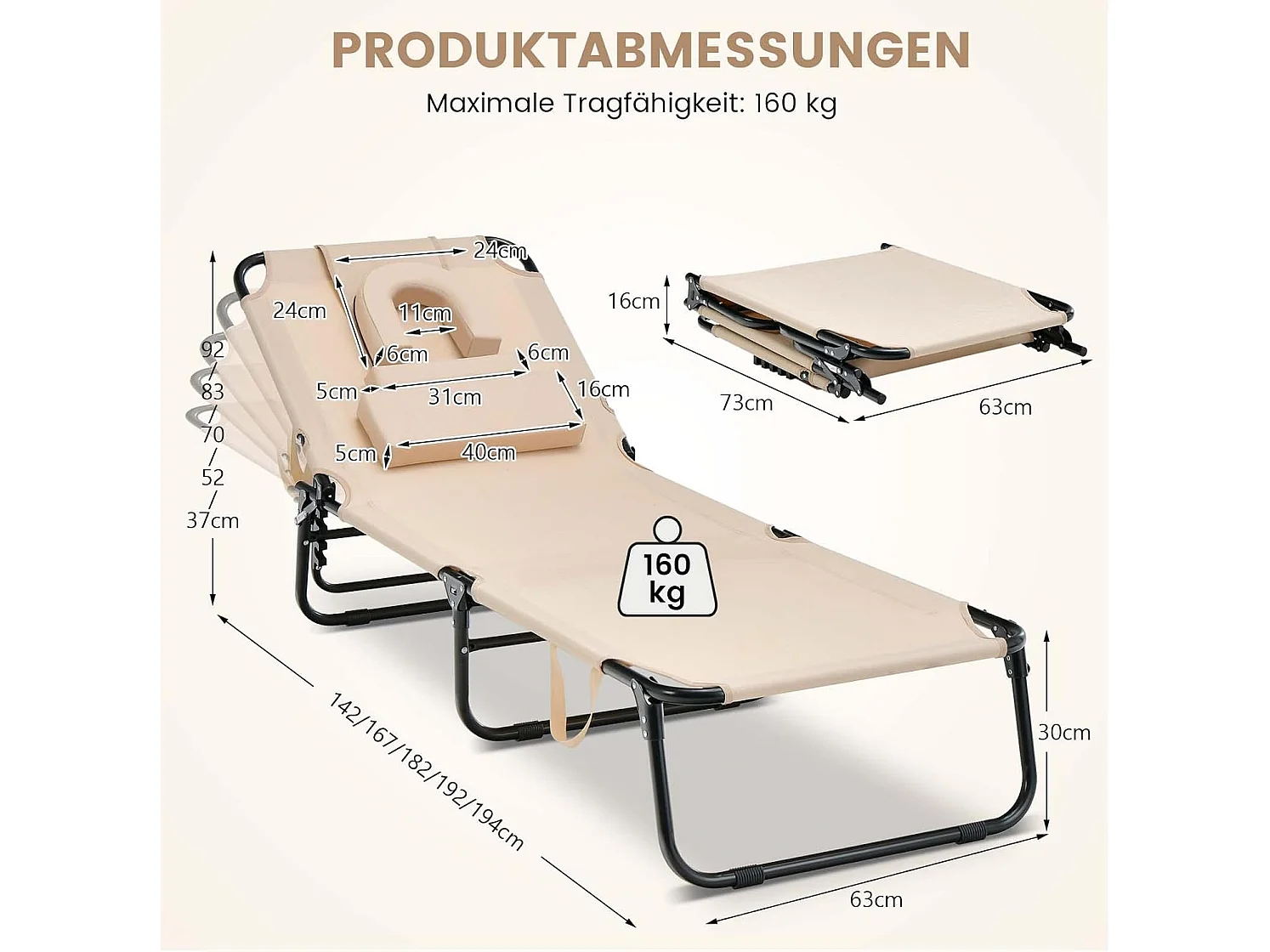 Zonneligstoel met gezichtsopening, inklapbare ligstoel  en 5-voudig verstelbare rugleuning, strandstoel, ligstoel voor tuin en zwembad, beige ZB32169