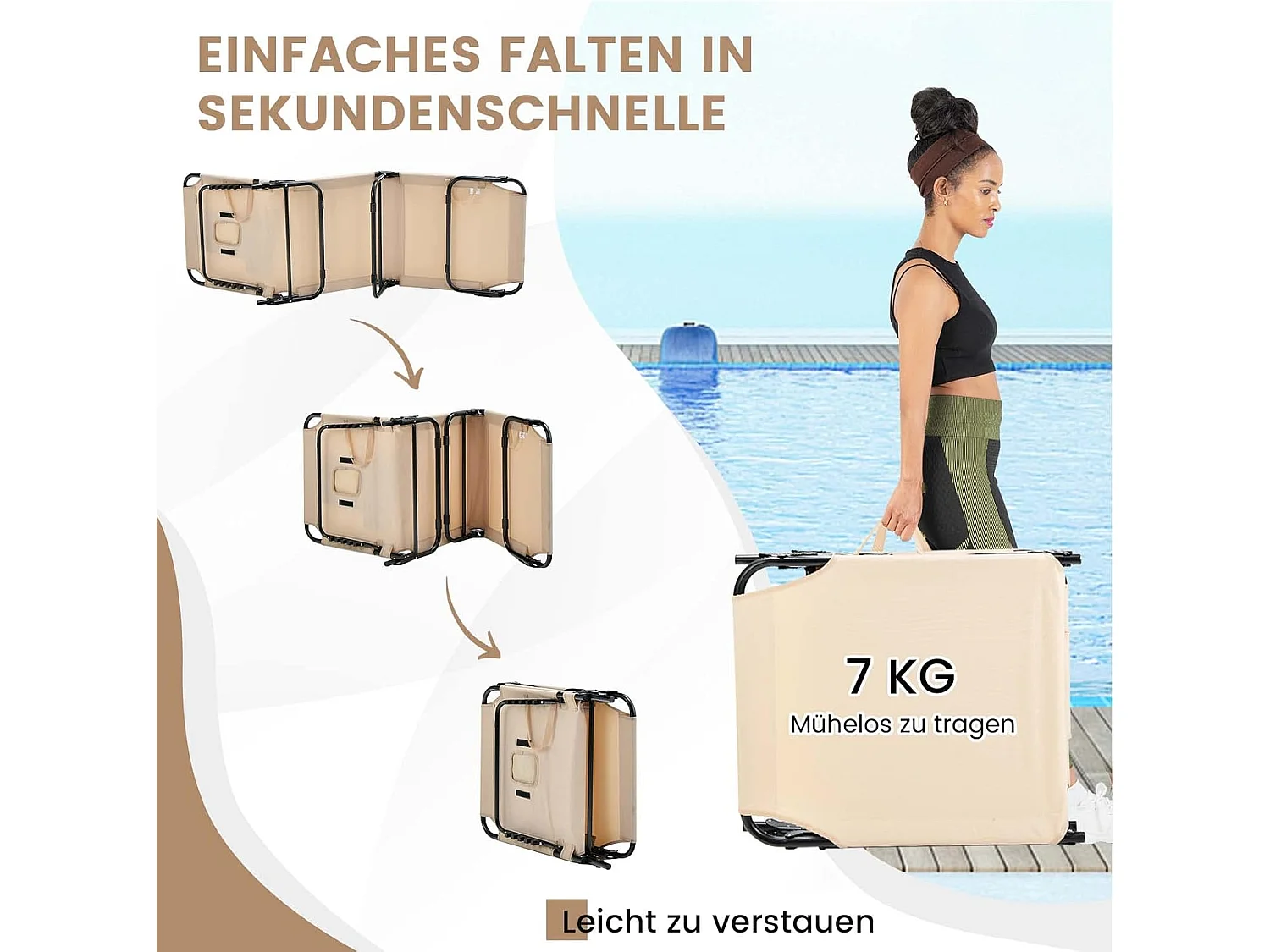 Zonneligstoel met gezichtsopening, inklapbare ligstoel  en 5-voudig verstelbare rugleuning, strandstoel, ligstoel voor tuin en zwembad, beige ZB32169