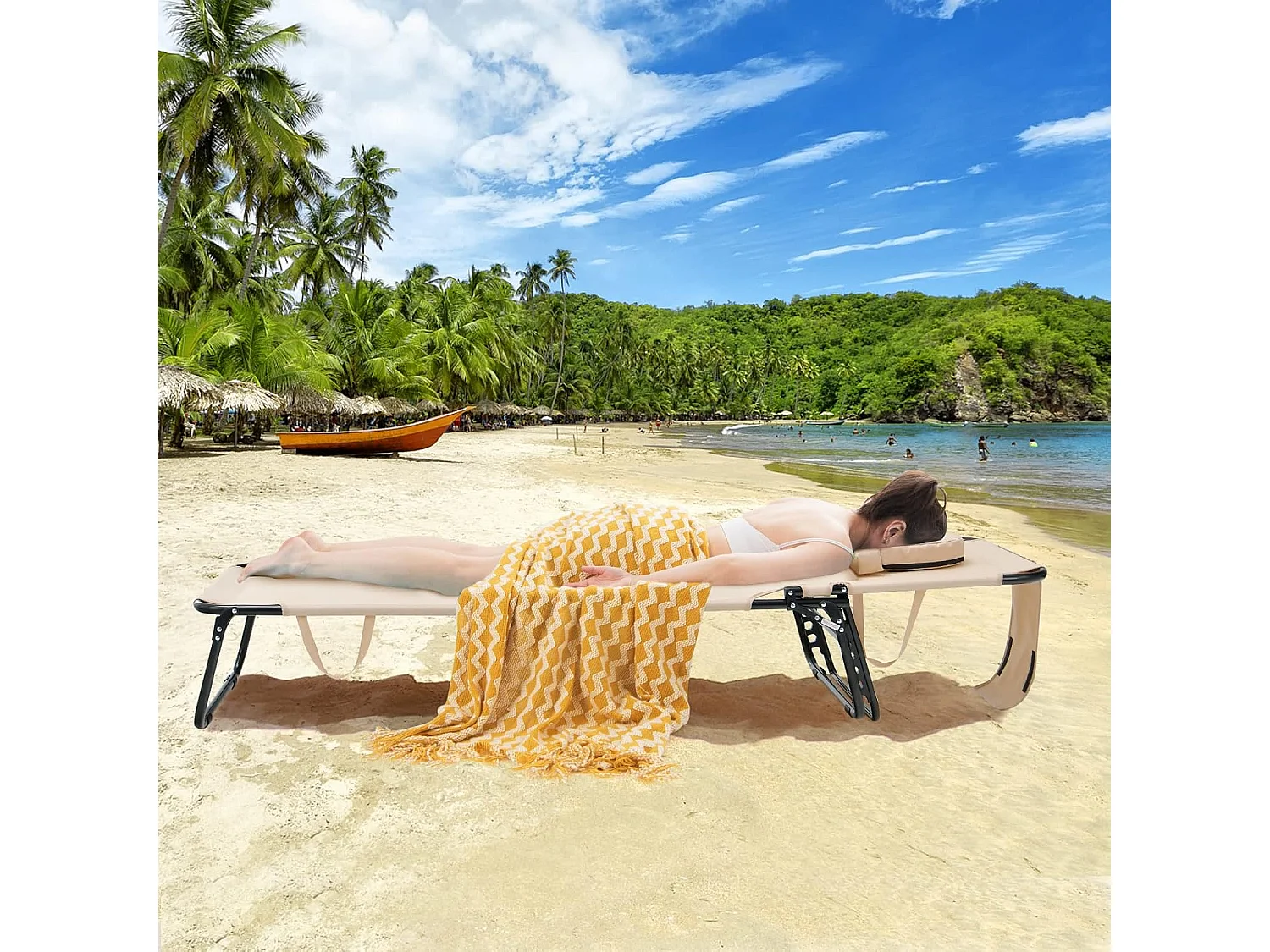 Zonneligstoel met gezichtsopening, inklapbare ligstoel  en 5-voudig verstelbare rugleuning, strandstoel, ligstoel voor tuin en zwembad, beige ZB32169