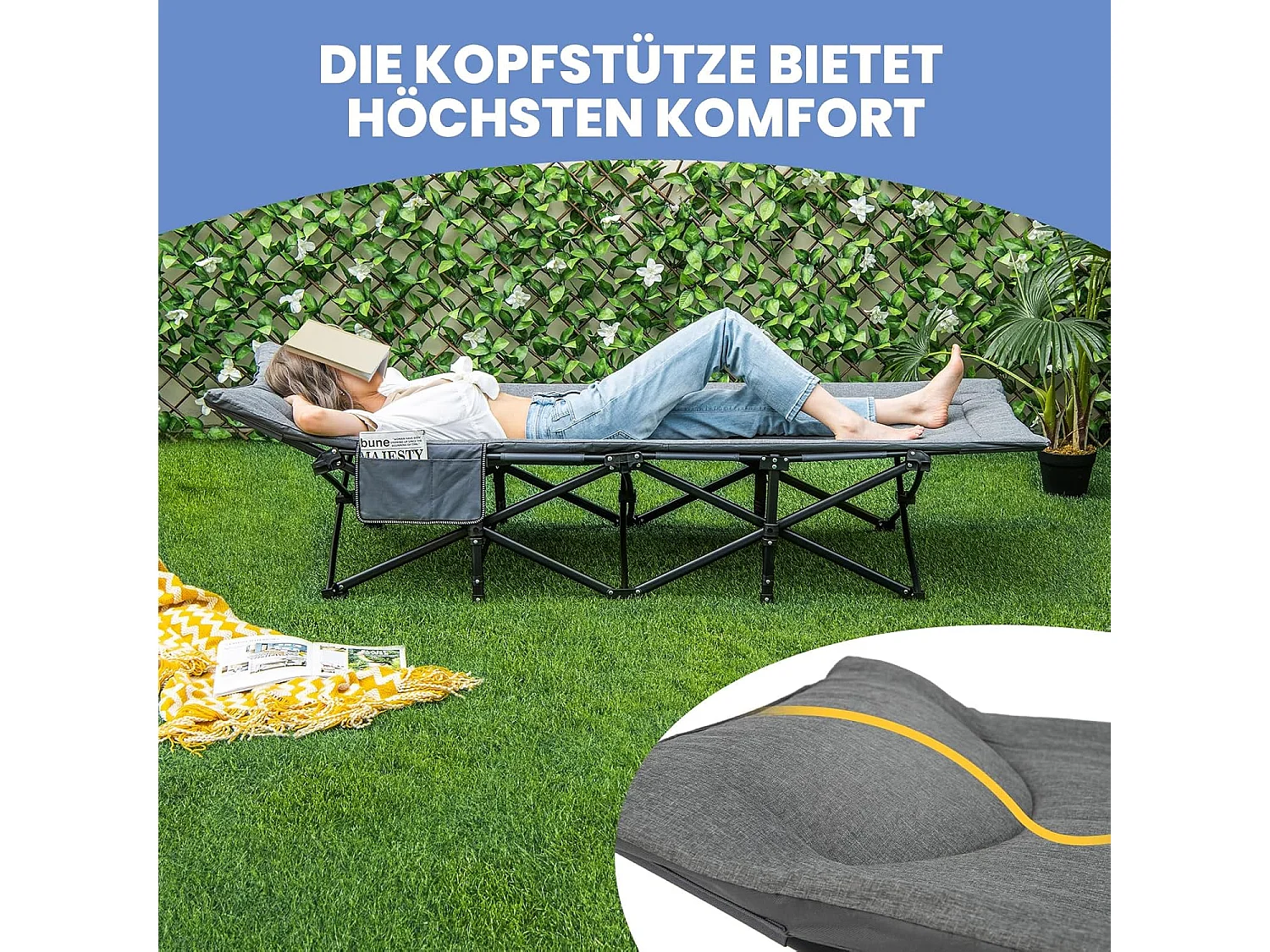 Veldbed inklapbaar, campingbed tot 200 kg belastbaar, opklapbed, draagbare campingstoel, logeerbed voor binnen en buiten (grijs), 190 x 68,5 x 38 cm, ZB33520