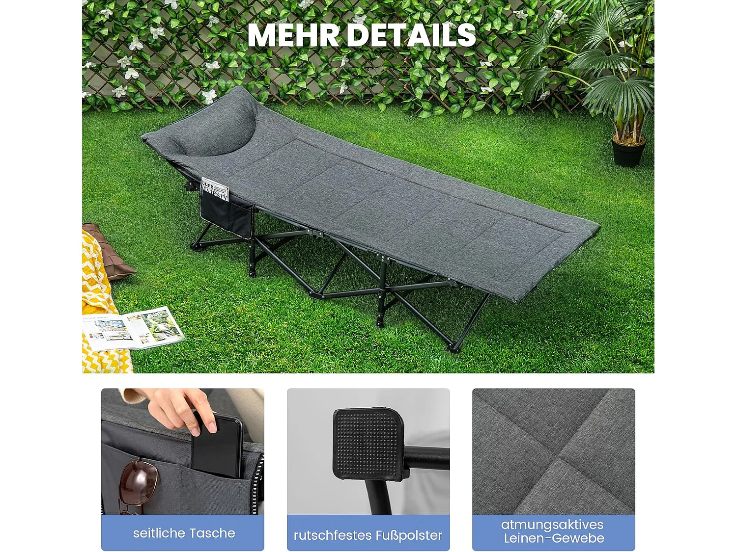 Veldbed inklapbaar, campingbed tot 200 kg belastbaar, opklapbed, draagbare campingstoel, logeerbed voor binnen en buiten (grijs), 190 x 68,5 x 38 cm, ZB33520