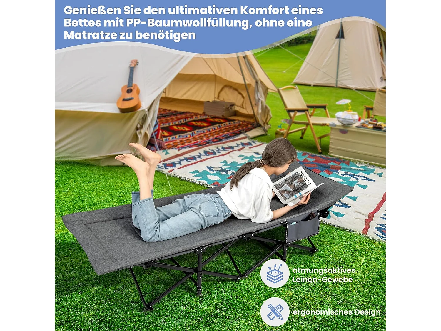 Veldbed inklapbaar, campingbed tot 200 kg belastbaar, opklapbed, draagbare campingstoel, logeerbed voor binnen en buiten (grijs), 190 x 68,5 x 38 cm, ZB33520