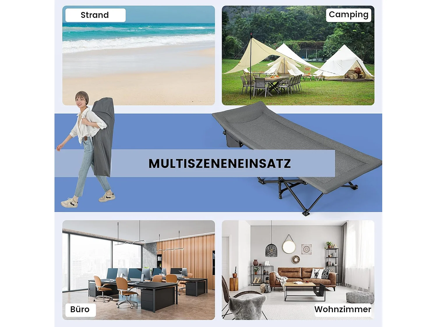 Veldbed inklapbaar, campingbed tot 200 kg belastbaar, opklapbed, draagbare campingstoel, logeerbed voor binnen en buiten (grijs), 190 x 68,5 x 38 cm, ZB33520