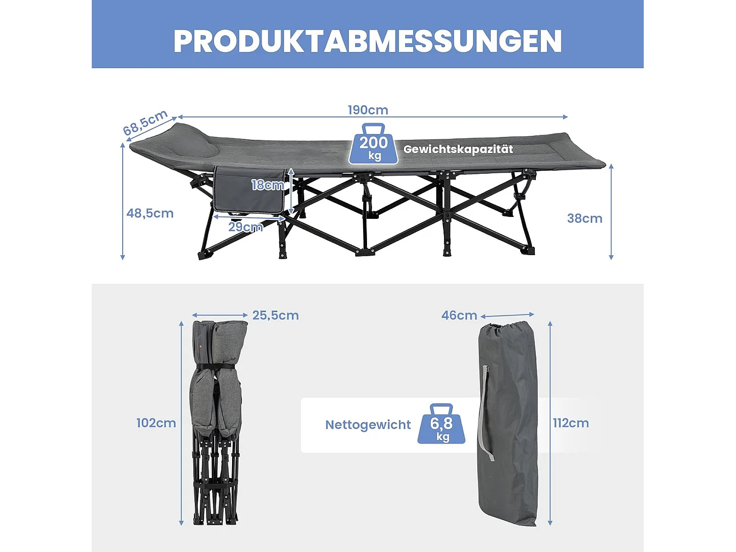 Veldbed inklapbaar, campingbed tot 200 kg belastbaar, opklapbed, draagbare campingstoel, logeerbed voor binnen en buiten (grijs), 190 x 68,5 x 38 cm, ZB33520