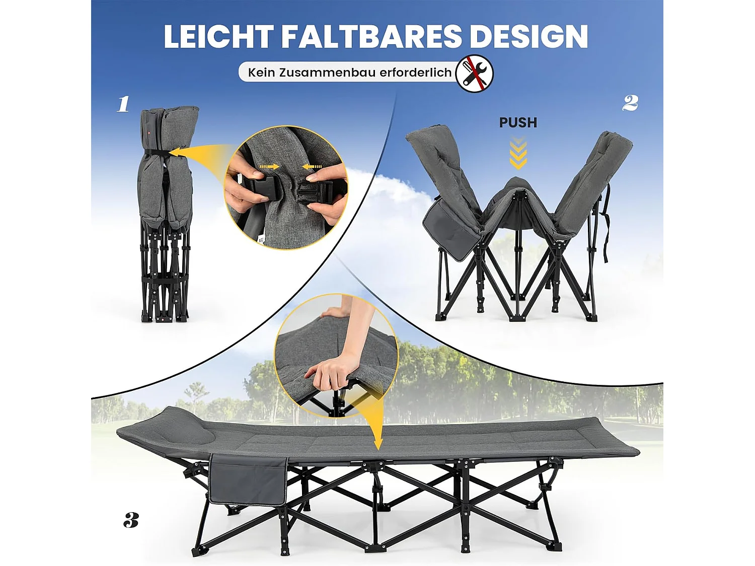 Veldbed inklapbaar, campingbed tot 200 kg belastbaar, opklapbed, draagbare campingstoel, logeerbed voor binnen en buiten (grijs), 190 x 68,5 x 38 cm, ZB33520