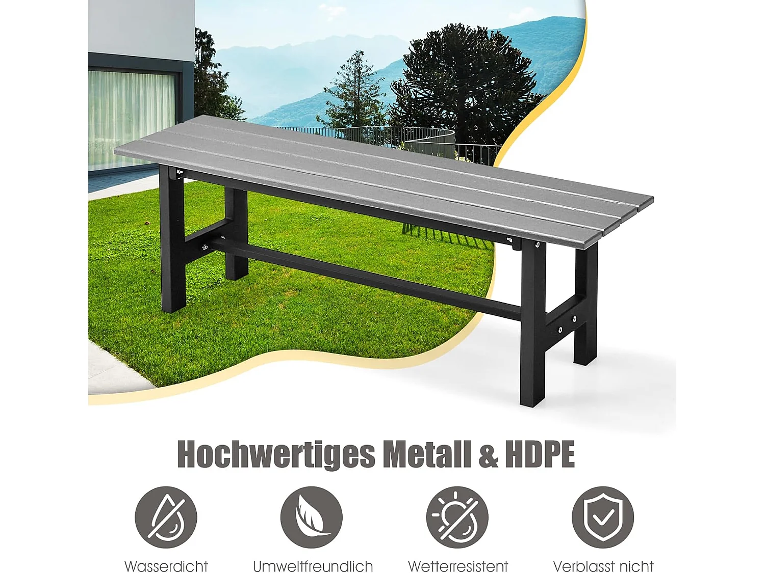 Tuinbank, weerbestendig, 2-zitsbank, all-weather parkbank van HDPE, terrasbank zonder rugleuning voor tuin, park en balkon, 120 x 36 x 40,5 cm (grijs) ZB33351