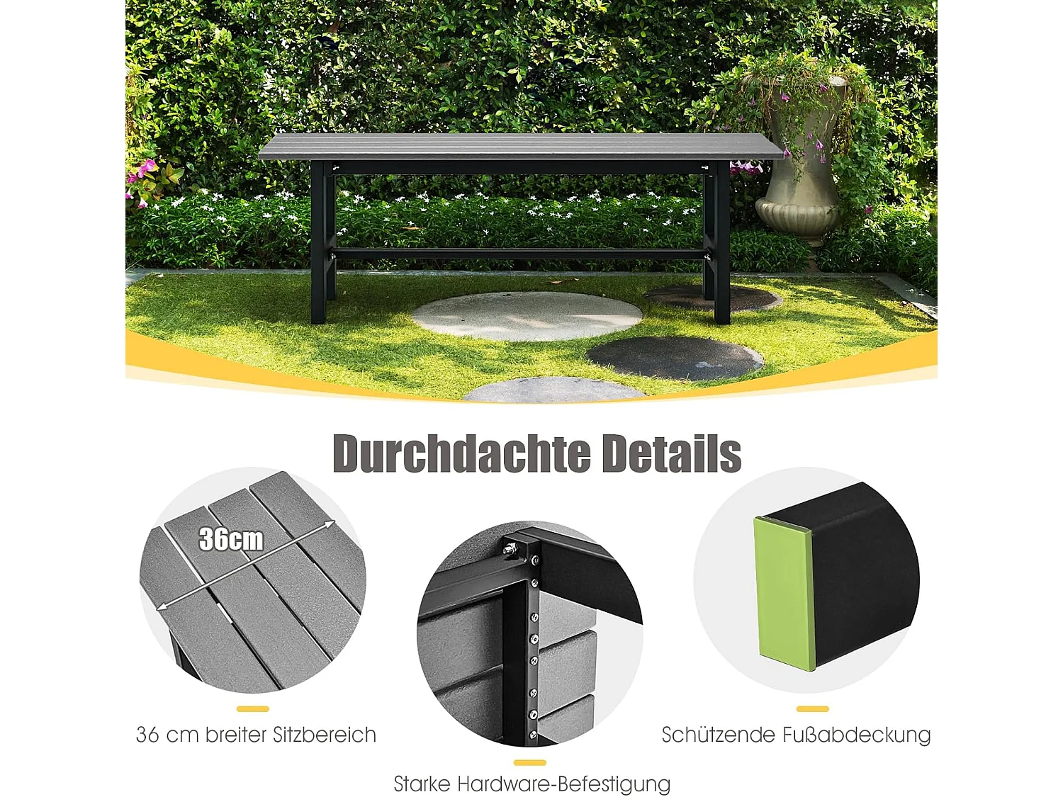 Tuinbank, weerbestendig, 2-zitsbank, all-weather parkbank van HDPE, terrasbank zonder rugleuning voor tuin, park en balkon, 120 x 36 x 40,5 cm (grijs) ZB33351