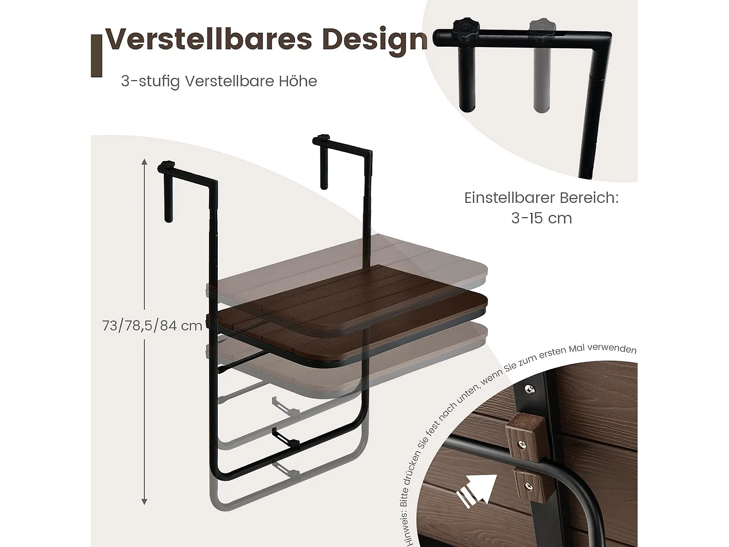 Balkontafel om op te hangen, inklapbare balkonhangtafel met 3-traps verstelbare hoogte, klaptafel, hangtafel,voor balkonleuningen, 60 x 40 cm, koffie ZB33211