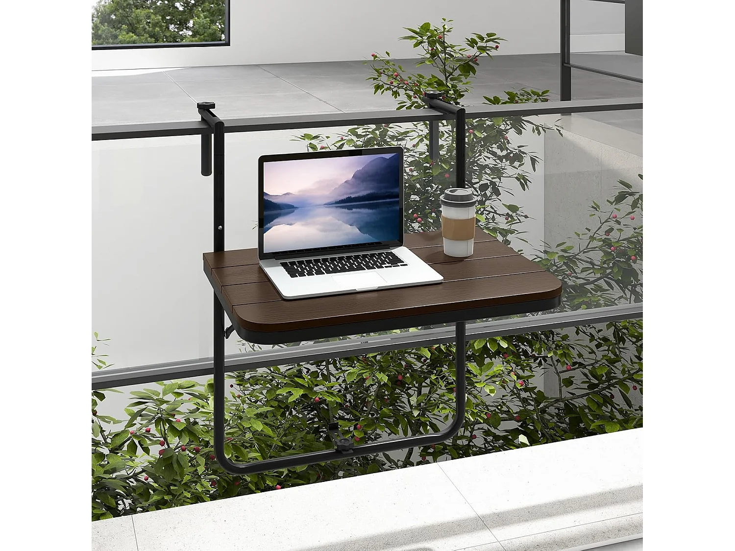 Balkontafel om op te hangen, inklapbare balkonhangtafel met 3-traps verstelbare hoogte, klaptafel, hangtafel,voor balkonleuningen, 60 x 40 cm, koffie ZB33211