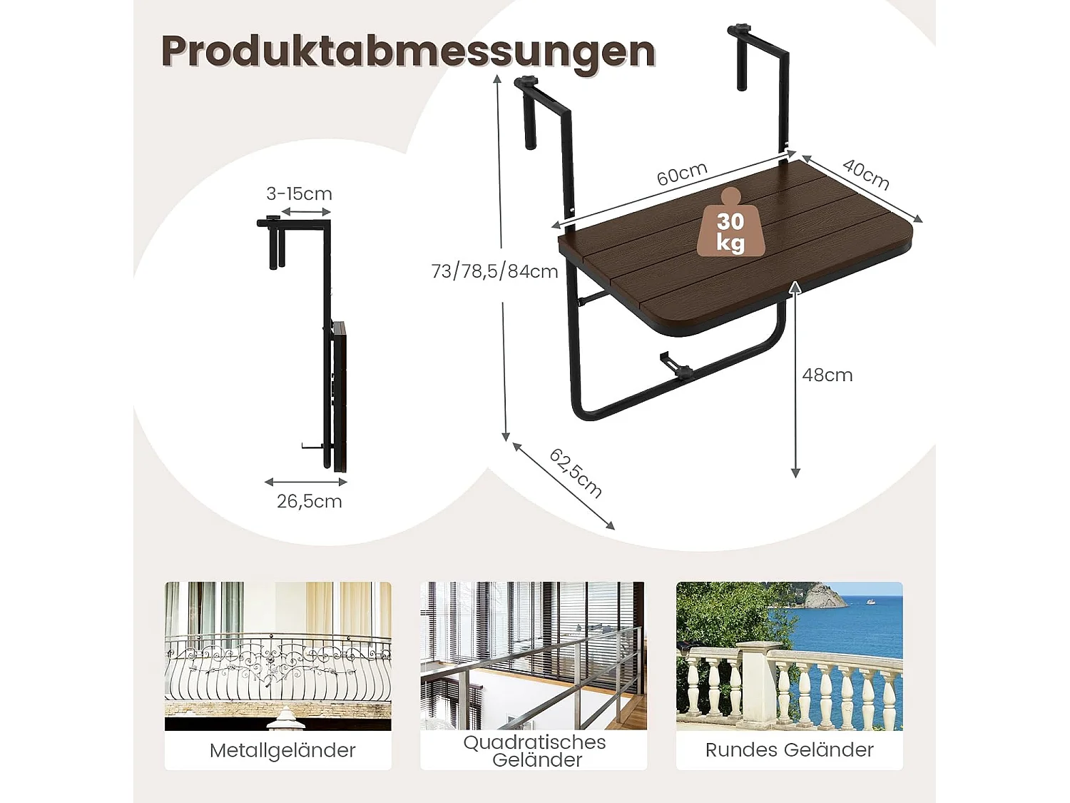 Balkontafel om op te hangen, inklapbare balkonhangtafel met 3-traps verstelbare hoogte, klaptafel, hangtafel,voor balkonleuningen, 60 x 40 cm, koffie ZB33211