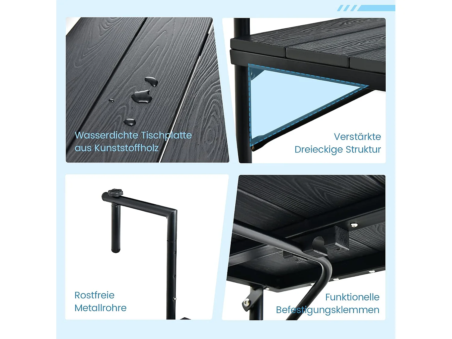 Balkontafel om op te hangen, inklapbare balkonhangtafel met 3-traps verstelbare hoogte, klaptafel, hangtafel, voor balkonleuningen, 60 x 40 cm, zwart ZB33211