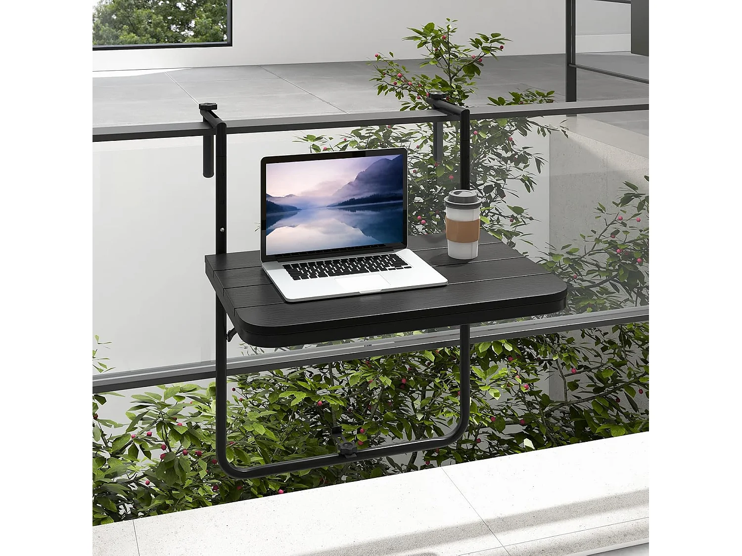Balkontafel om op te hangen, inklapbare balkonhangtafel met 3-traps verstelbare hoogte, klaptafel, hangtafel, voor balkonleuningen, 60 x 40 cm, zwart ZB33211