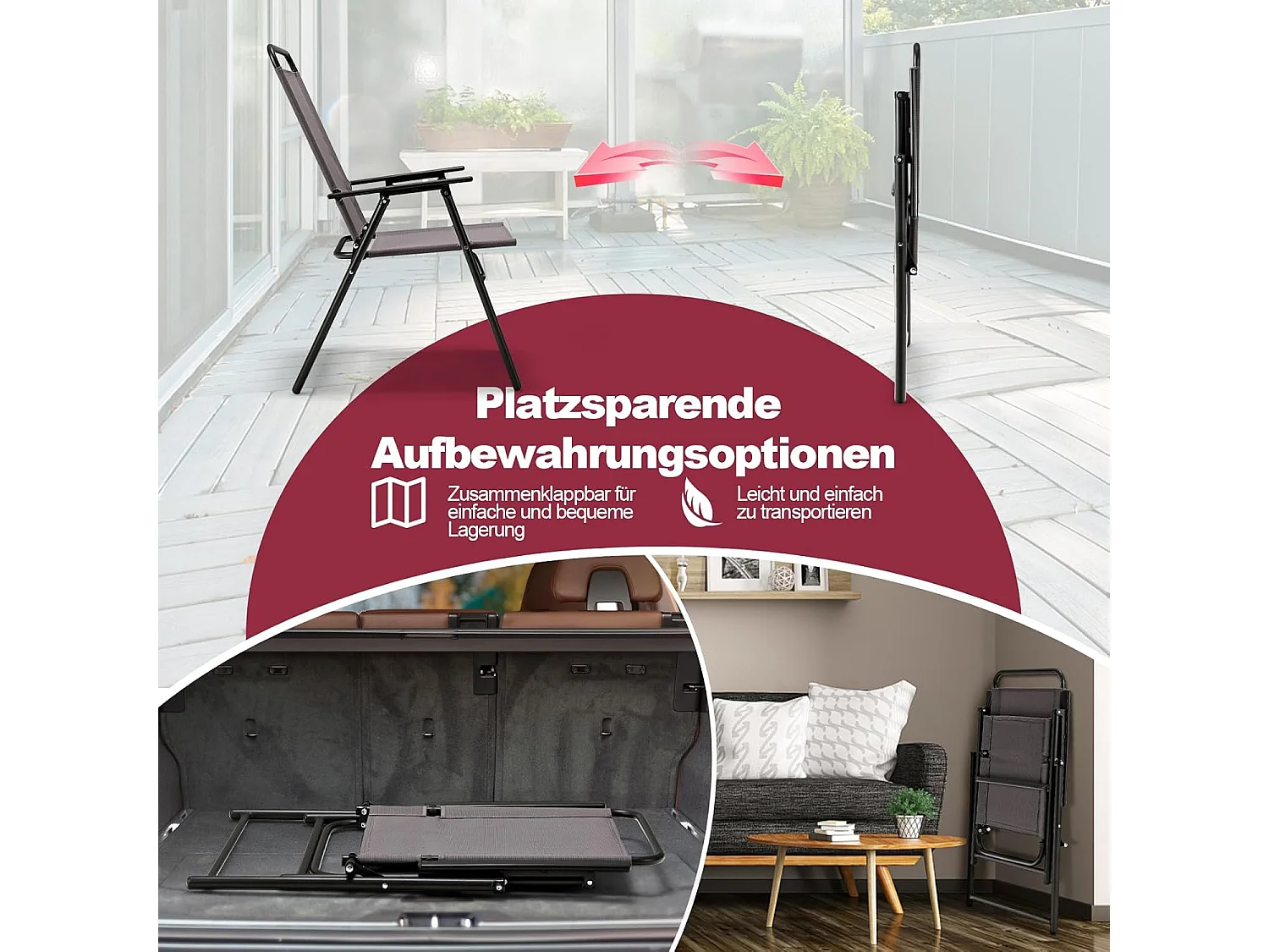 Set van 2 inklapbare tuinstoelen, balkonstoelen met armleuningen, klapstoelen, terrasstoelen, outdoorstoelen, belastbaar tot 150 kg, eetstoelen voor tuin ZB33219
