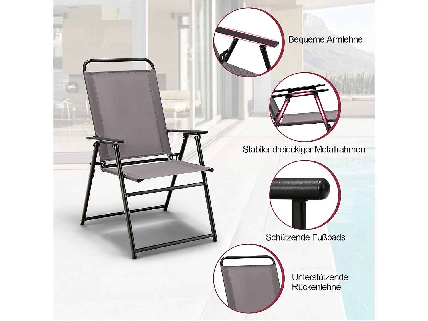 Set van 2 inklapbare tuinstoelen, balkonstoelen met armleuningen, klapstoelen, terrasstoelen, outdoorstoelen, belastbaar tot 150 kg, eetstoelen voor tuin ZB33219