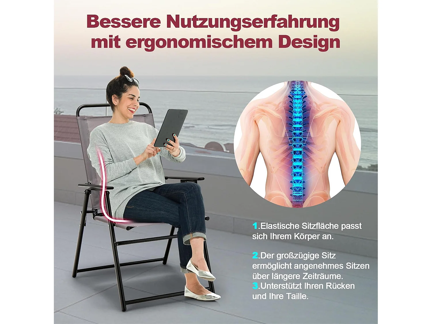 Set van 2 inklapbare tuinstoelen, balkonstoelen met armleuningen, klapstoelen, terrasstoelen, outdoorstoelen, belastbaar tot 150 kg, eetstoelen voor tuin ZB33219