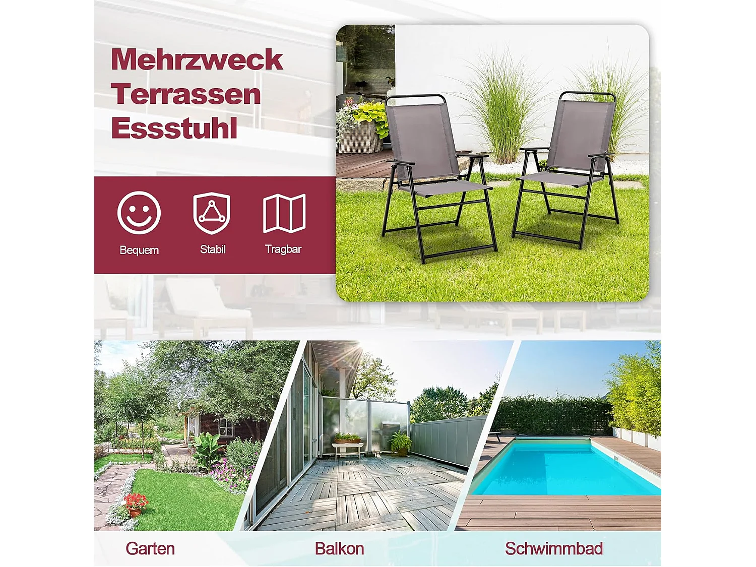 Set van 2 inklapbare tuinstoelen, balkonstoelen met armleuningen, klapstoelen, terrasstoelen, outdoorstoelen, belastbaar tot 150 kg, eetstoelen voor tuin ZB33219