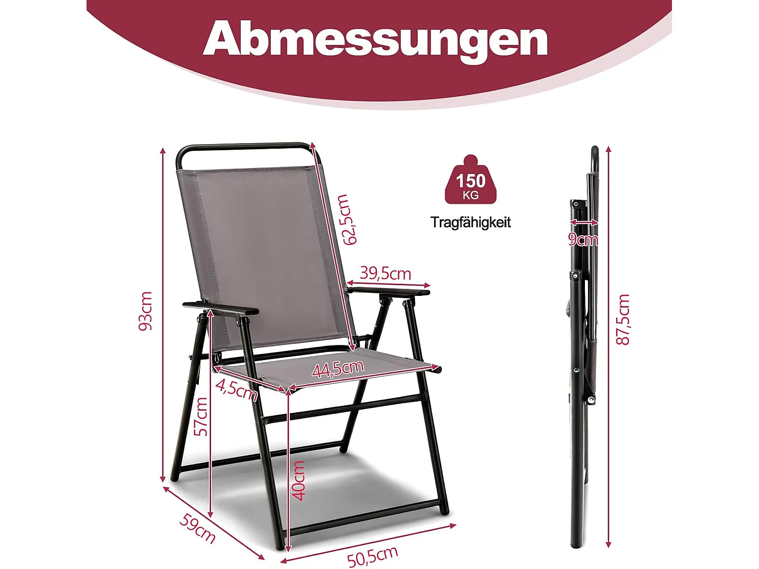 Set van 2 inklapbare tuinstoelen, balkonstoelen met armleuningen, klapstoelen, terrasstoelen, outdoorstoelen, belastbaar tot 150 kg, eetstoelen voor tuin ZB33219