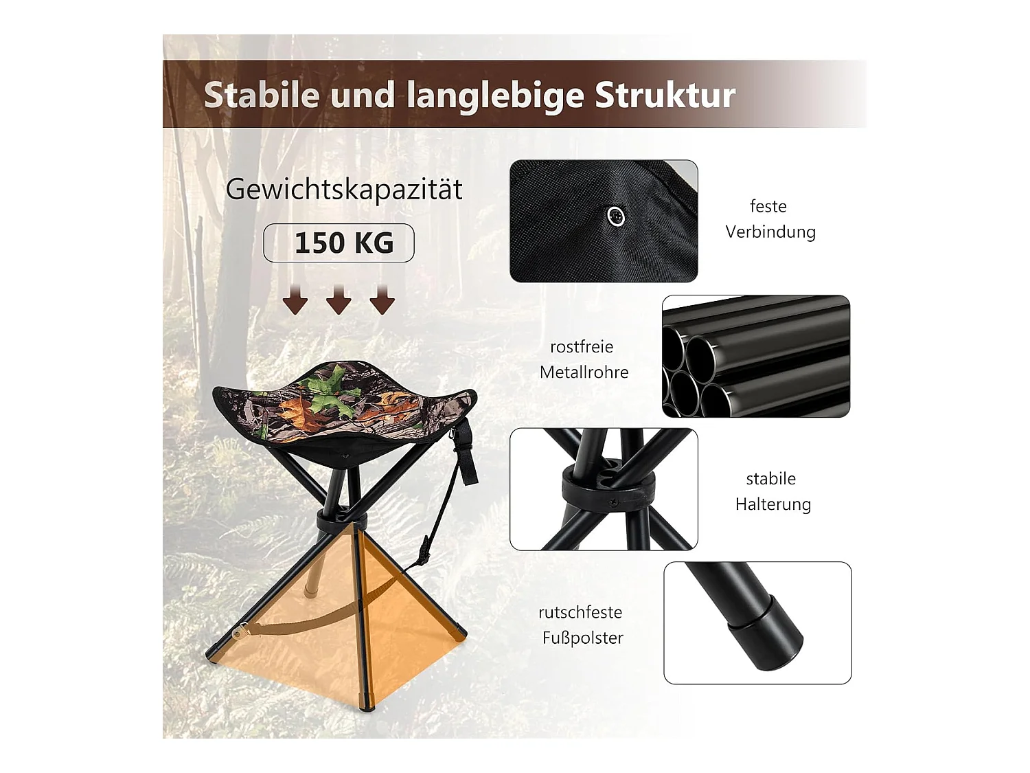 Set van 2 klapkrukken, campingkruk, driepootkruk, draagbare campingkruk, belastbaar tot 150 kg, viskruk voor kamperen, wandelen, jagen, vissen, reizen