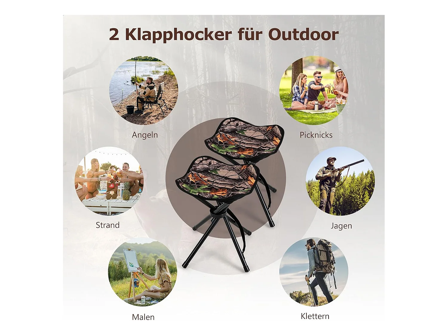 Set van 2 klapkrukken, campingkruk, driepootkruk, draagbare campingkruk, belastbaar tot 150 kg, viskruk voor kamperen, wandelen, jagen, vissen, reizen