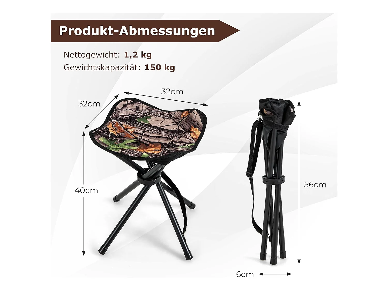 Set van 2 klapkrukken, campingkruk, driepootkruk, draagbare campingkruk, belastbaar tot 150 kg, viskruk voor kamperen, wandelen, jagen, vissen, reizen
