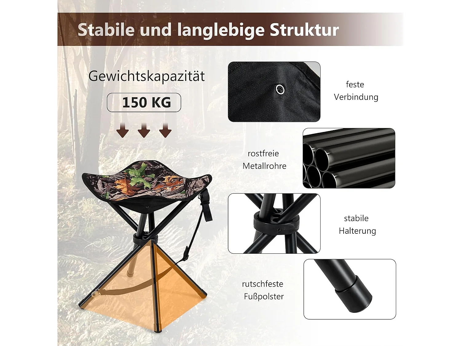 Set van 2 klapkrukken, campingkruk, driepootkruk, draagbare campingkruk, belastbaar tot 150 kg, viskruk voor kamperen, wandelen, jagen, vissen, reizen