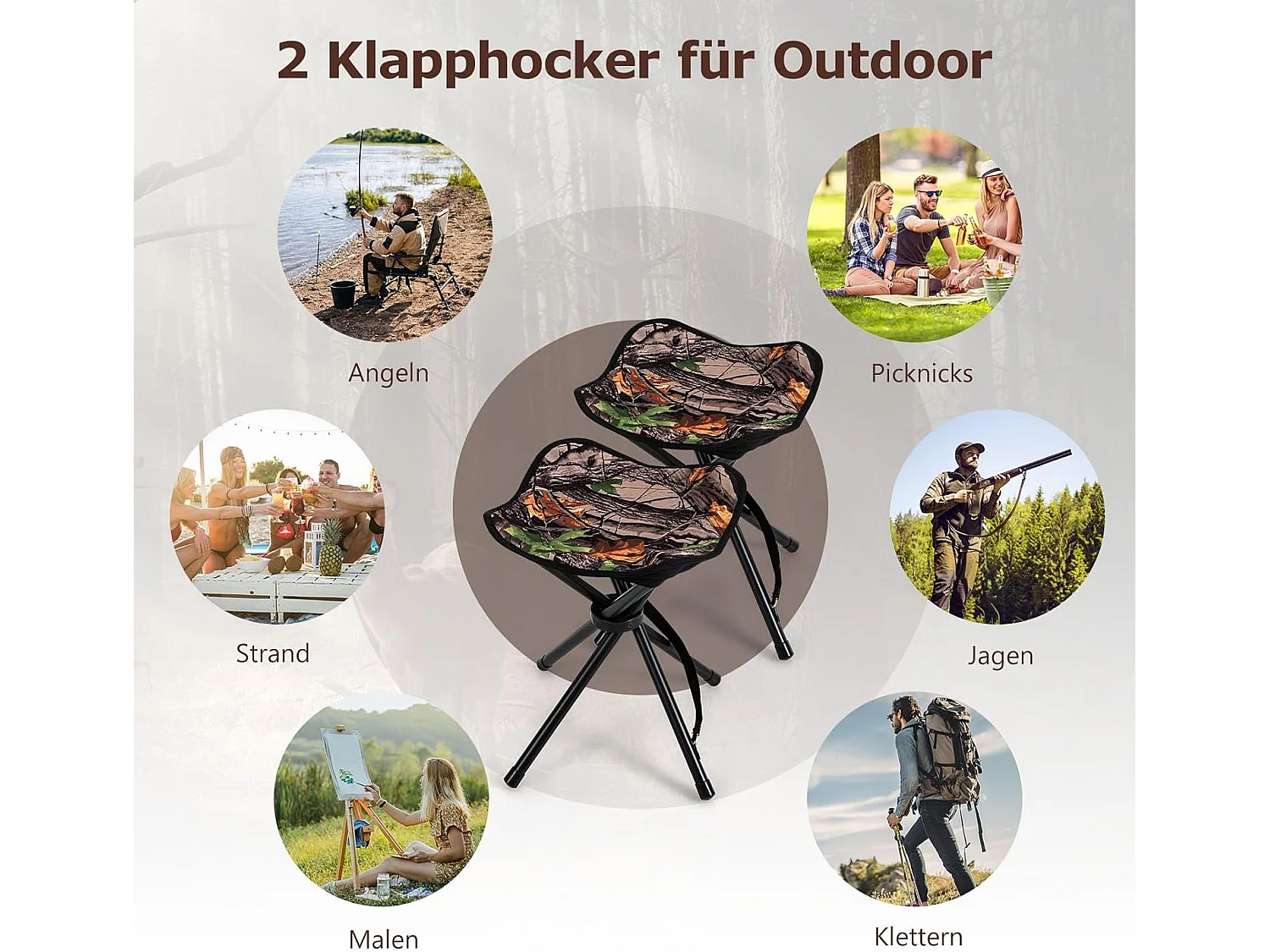 Set van 2 klapkrukken, campingkruk, driepootkruk, draagbare campingkruk, belastbaar tot 150 kg, viskruk voor kamperen, wandelen, jagen, vissen, reizen