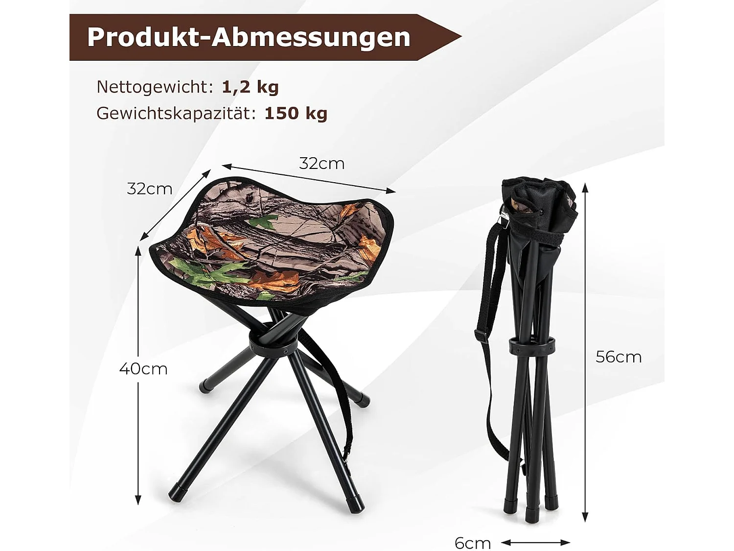 Set van 2 klapkrukken, campingkruk, driepootkruk, draagbare campingkruk, belastbaar tot 150 kg, viskruk voor kamperen, wandelen, jagen, vissen, reizen