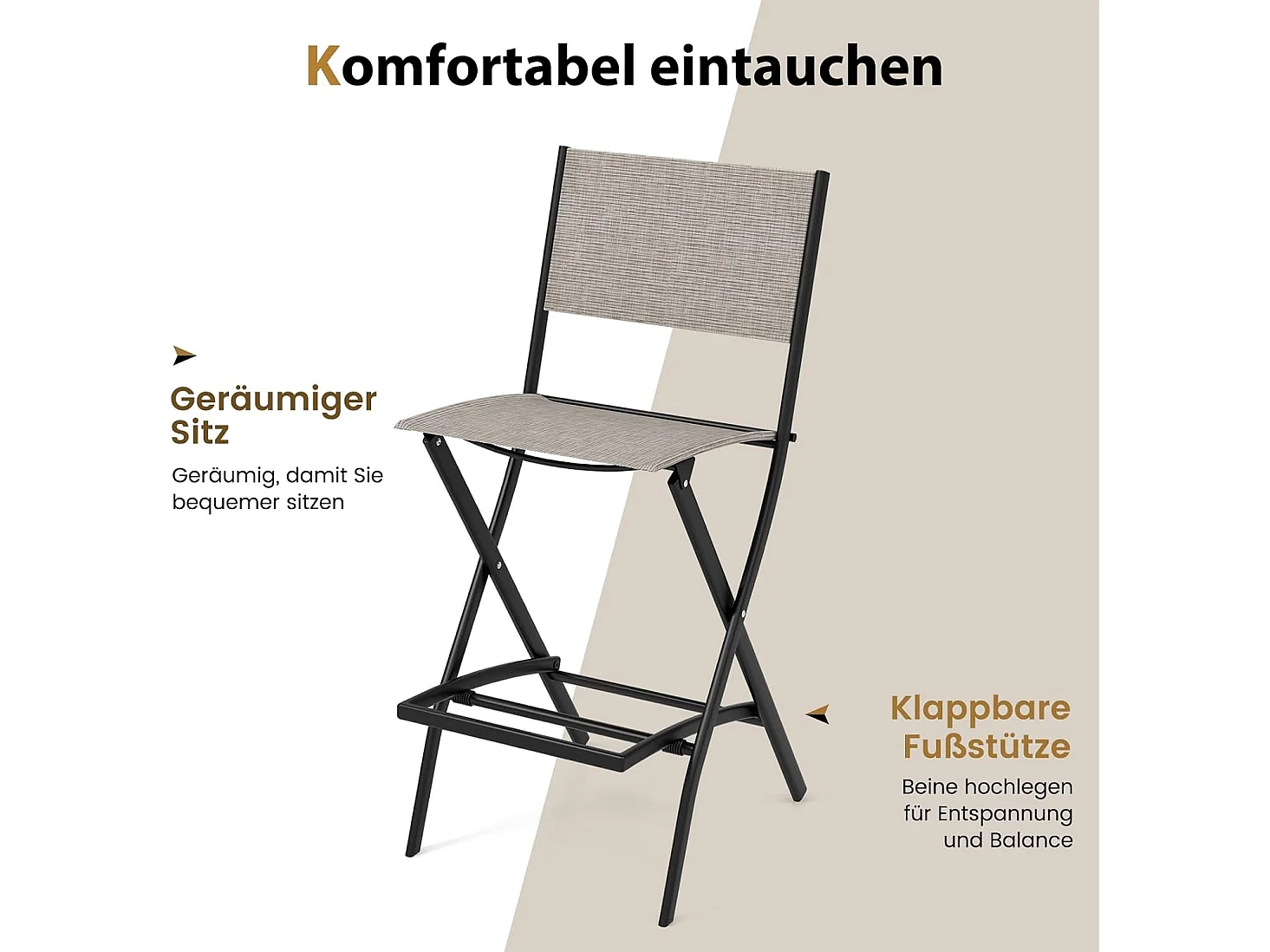 Set van 2 outdoor barkrukken, inklapbare barstoelen met rugleuning en voetensteun, tot 150 kg belastbaar, tuinstoelen voor balkon, tuin en zwembad ZB33563