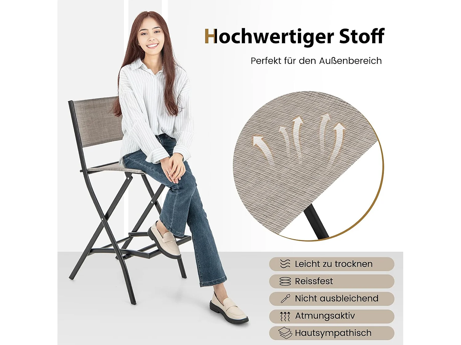 Set van 2 outdoor barkrukken, inklapbare barstoelen met rugleuning en voetensteun, tot 150 kg belastbaar, tuinstoelen voor balkon, tuin en zwembad ZB33563