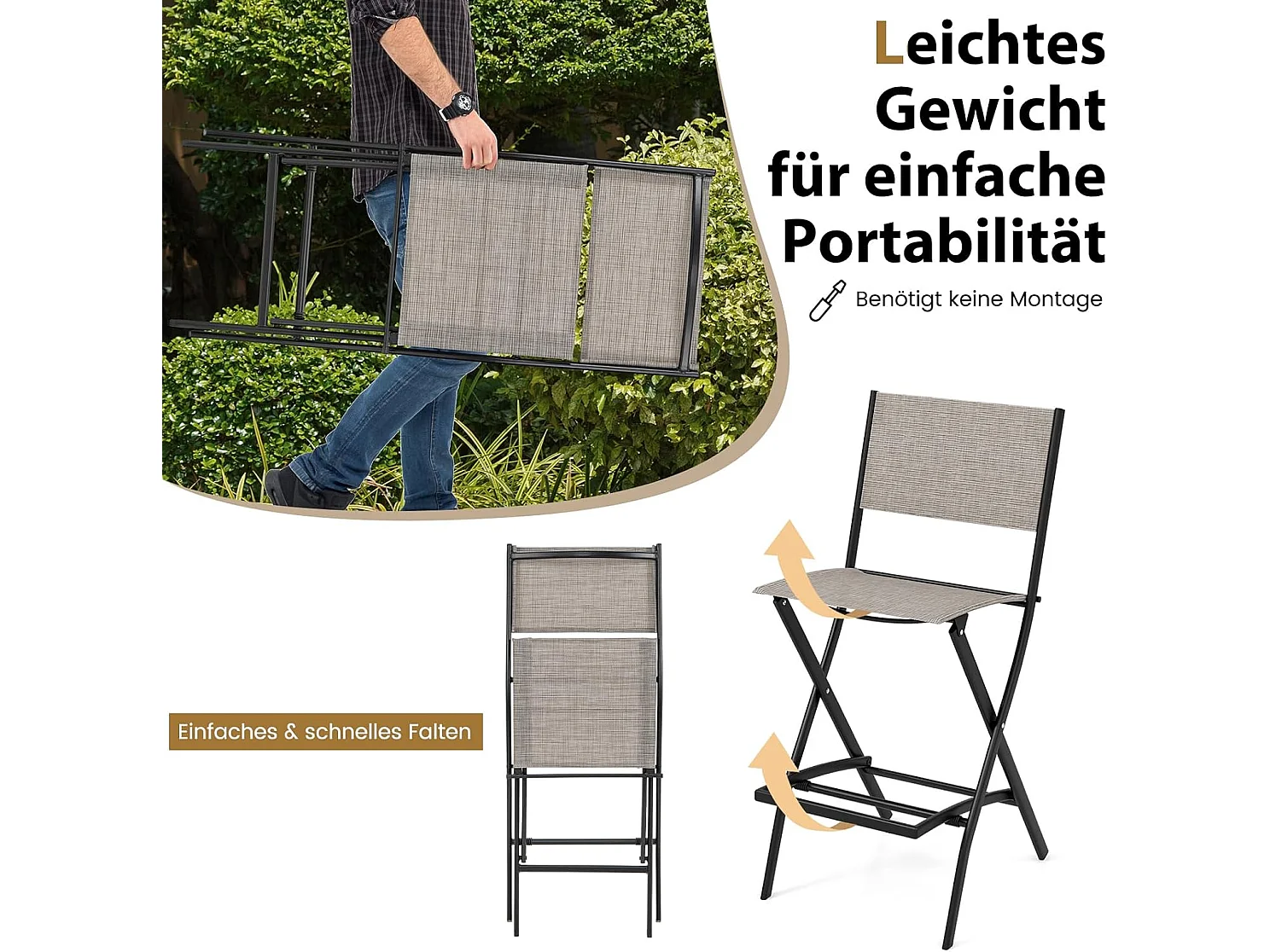 Set van 2 outdoor barkrukken, inklapbare barstoelen met rugleuning en voetensteun, tot 150 kg belastbaar, tuinstoelen voor balkon, tuin en zwembad ZB33563