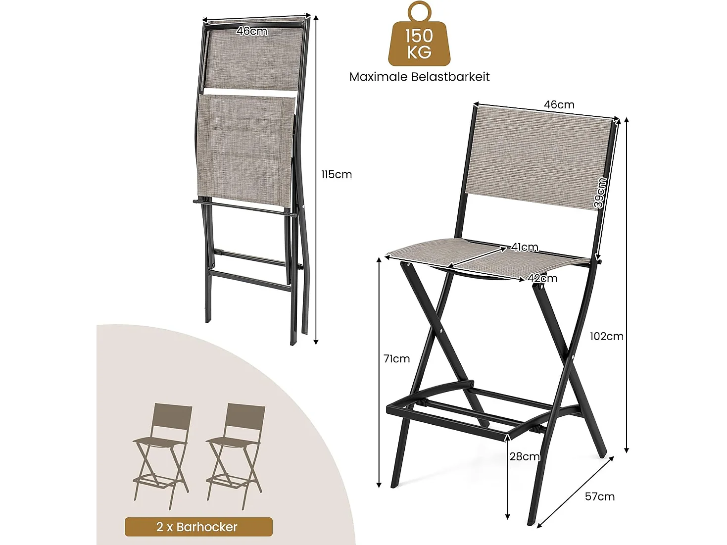 Set van 2 outdoor barkrukken, inklapbare barstoelen met rugleuning en voetensteun, tot 150 kg belastbaar, tuinstoelen voor balkon, tuin en zwembad ZB33563