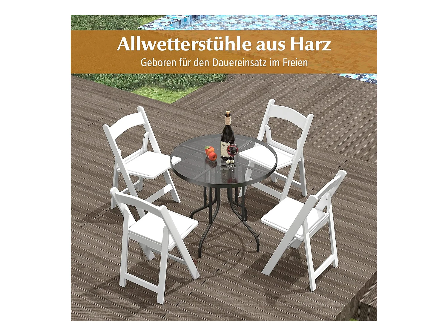 Set van 2 tuinstoelen van kunsthars, klapstoelen, belastbaar tot 500 kg, inklapbare terrasstoelen, balkonstoelen voor tuin,balkon, bruiloft, feest, wit ZB33133