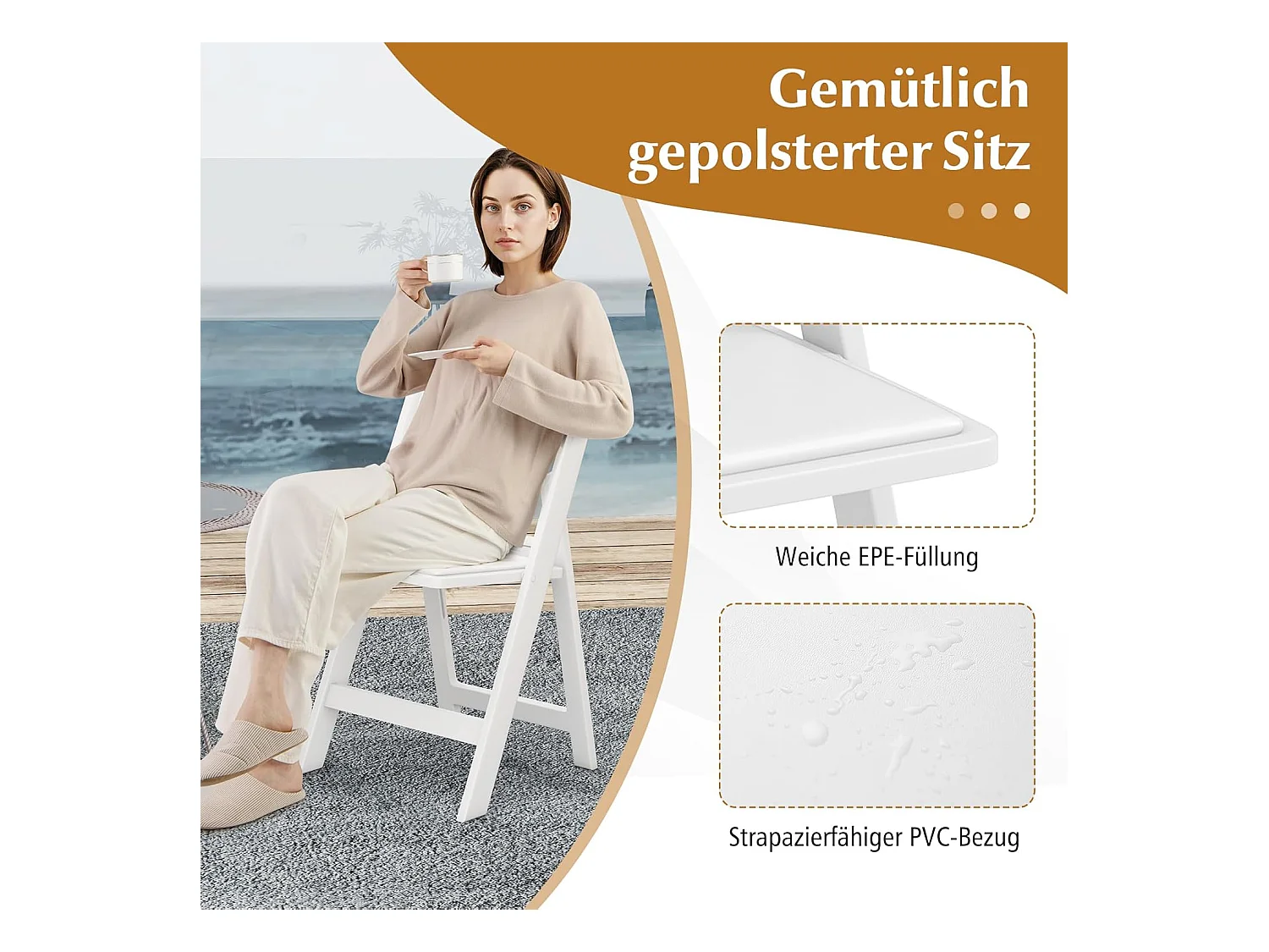 Set van 2 tuinstoelen van kunsthars, klapstoelen, belastbaar tot 500 kg, inklapbare terrasstoelen, balkonstoelen voor tuin,balkon, bruiloft, feest, wit ZB33133