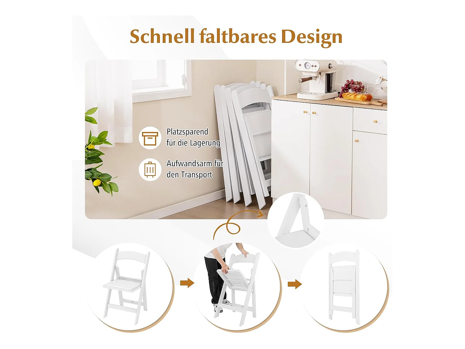 Set van 2 tuinstoelen van kunsthars, klapstoelen, belastbaar tot 500 kg, inklapbare terrasstoelen, balkonstoelen voor tuin,balkon, bruiloft, feest, wit ZB33133