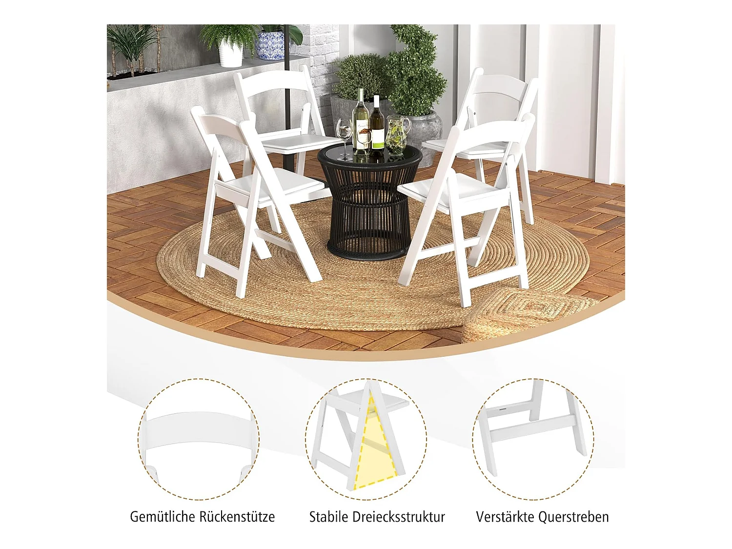 Set van 2 tuinstoelen van kunsthars, klapstoelen, belastbaar tot 500 kg, inklapbare terrasstoelen, balkonstoelen voor tuin,balkon, bruiloft, feest, wit ZB33133