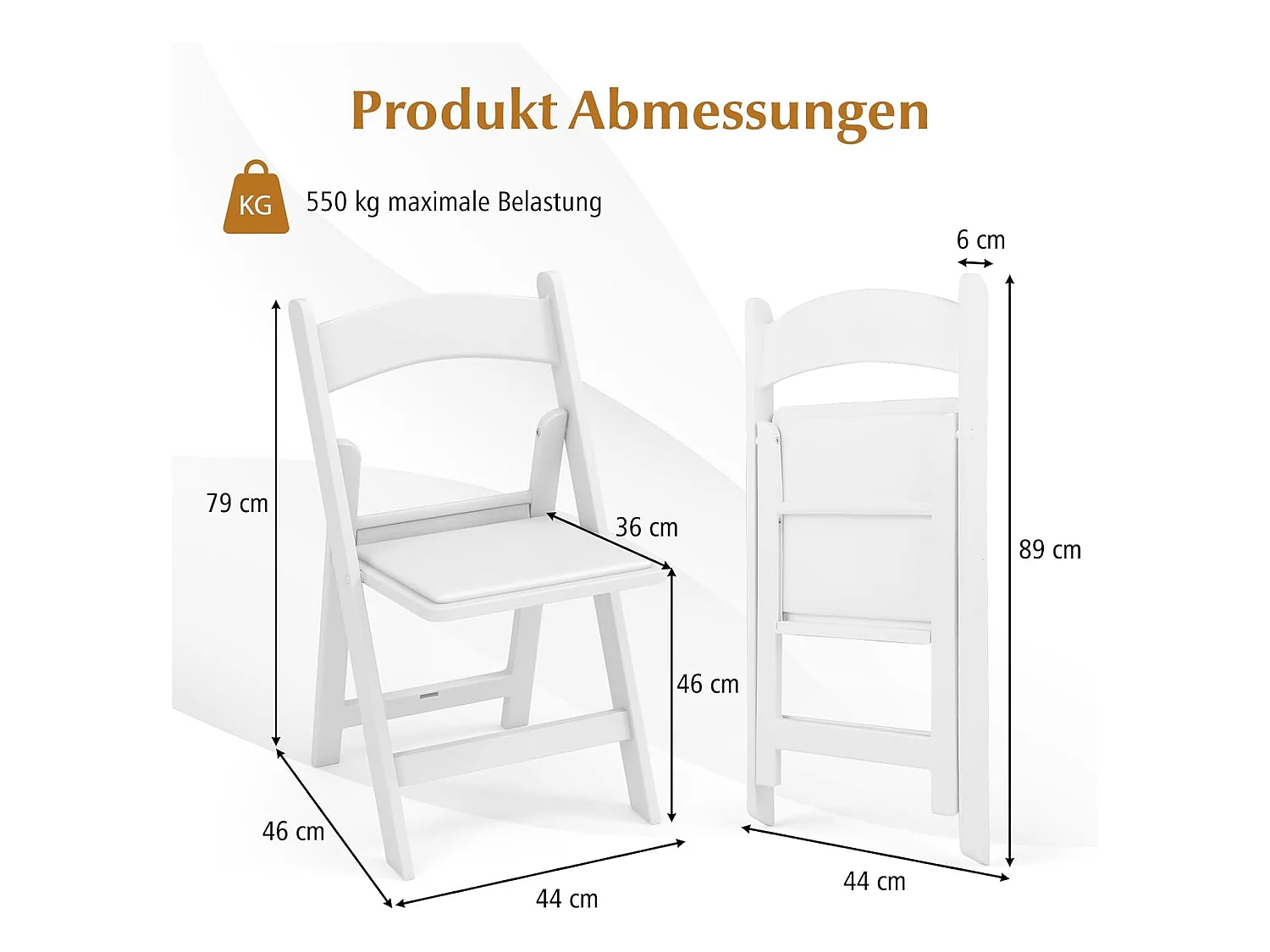 Set van 2 tuinstoelen van kunsthars, klapstoelen, belastbaar tot 500 kg, inklapbare terrasstoelen, balkonstoelen voor tuin,balkon, bruiloft, feest, wit ZB33133
